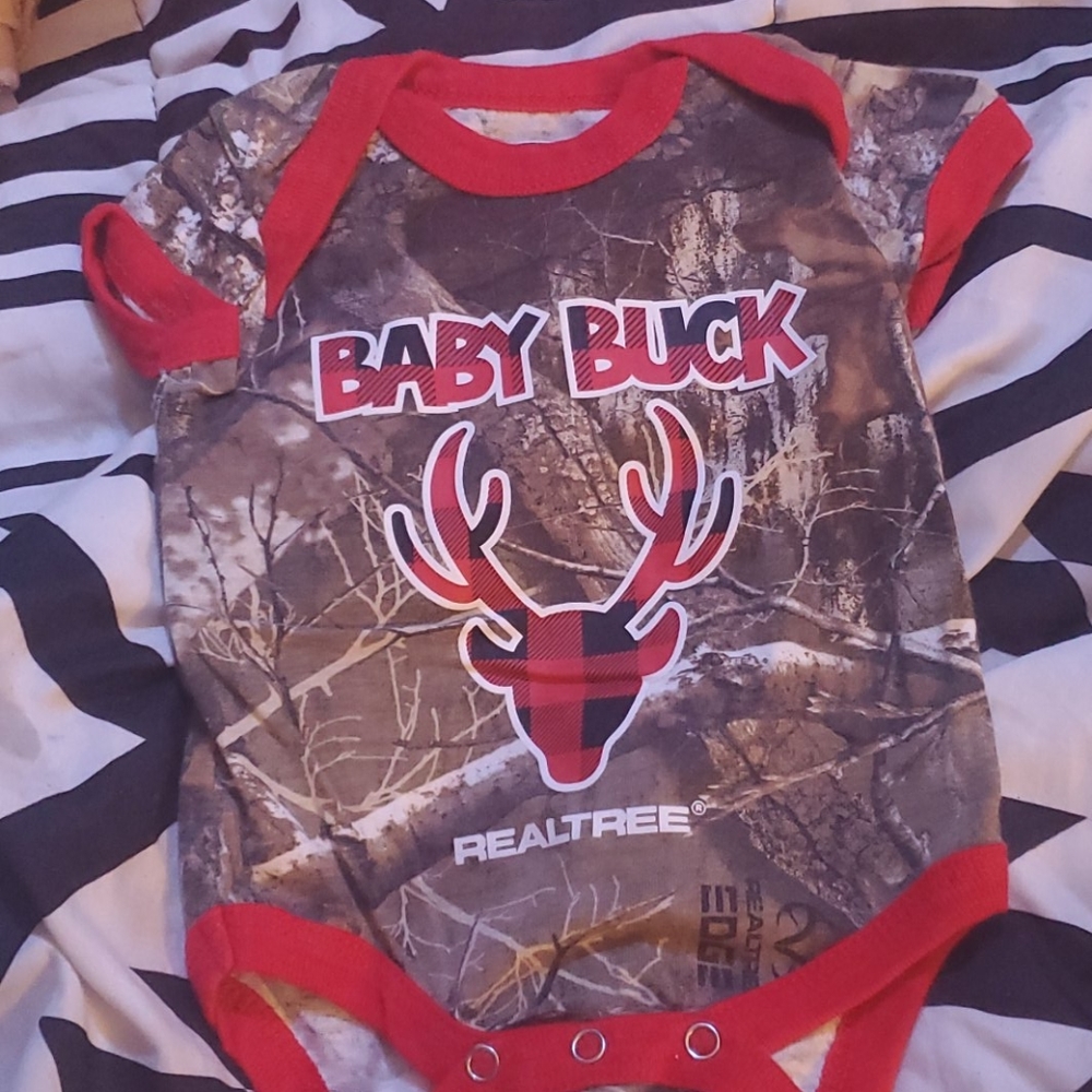Deer plaid onesie and hunt onesie